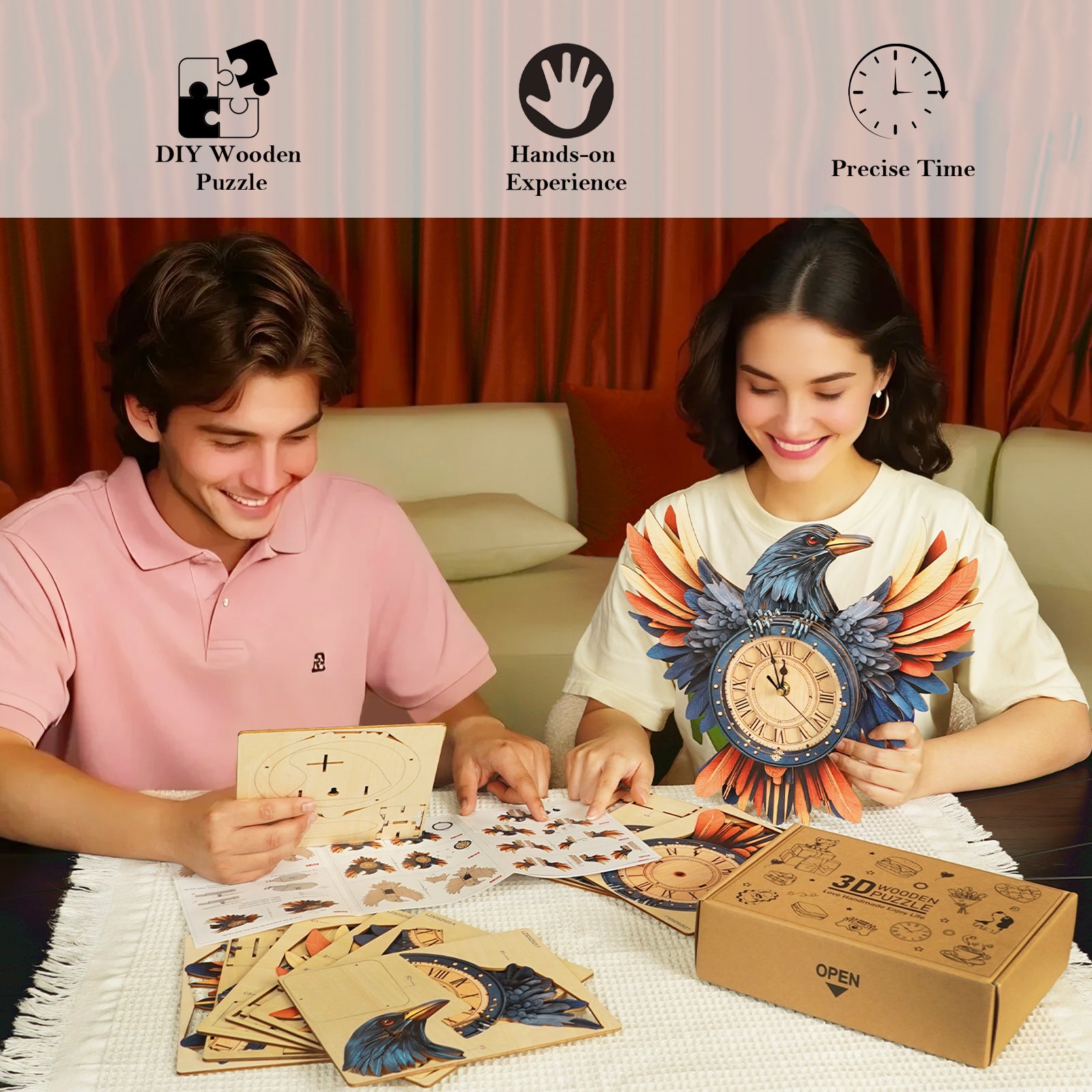 Raven DIY Wooden Clock, 3D Puzzle Craft Kit