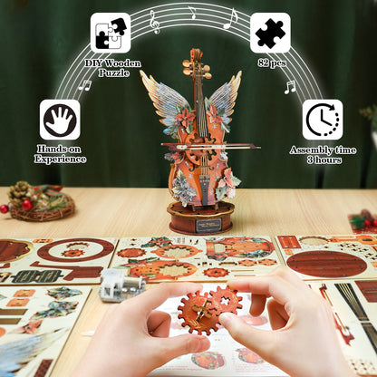 Christmas Winged Cello Mechanical DlY Kit, 3D Wooden Music Box