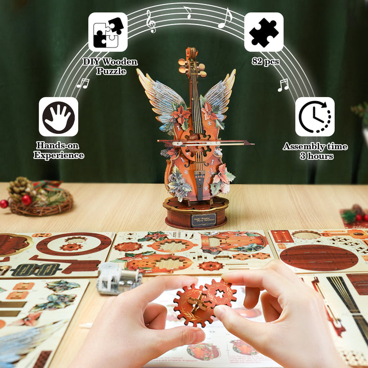 Christmas Winged Cello Mechanical DlY Kit, 3D Wooden Music Box