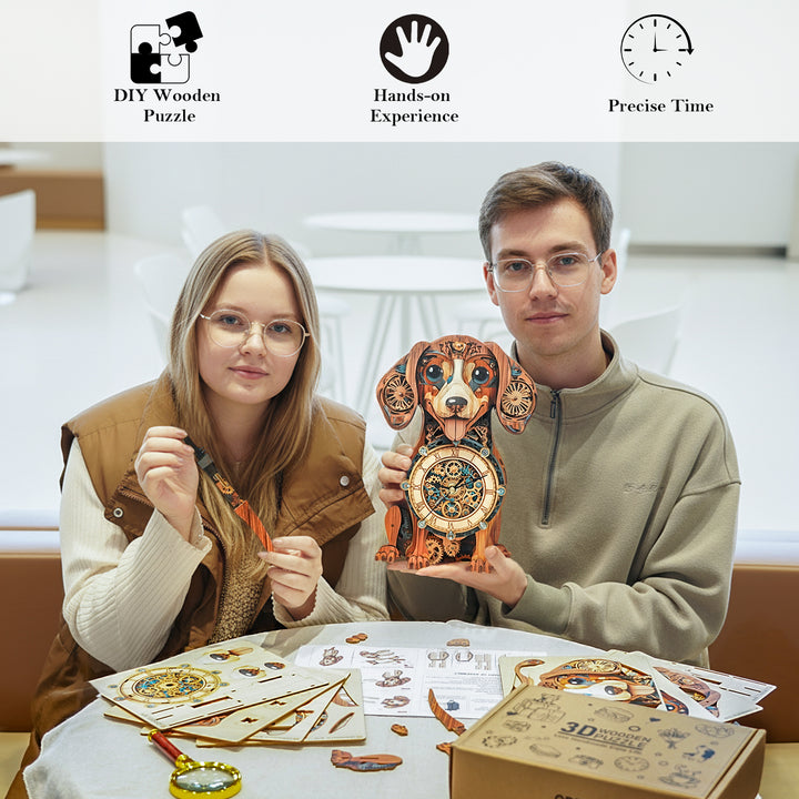 Dachshund 3D Wooden Puzzle Clock, Gift  for DIY Lovers, Home Decor