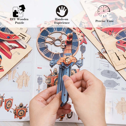 Fearless Knight 3D Wooden Puzzle Clock, Gift  for DIY Lovers, Home Decor
