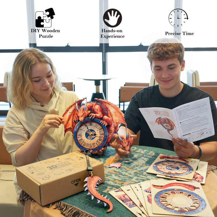 Emberclaw Guardian 3D Wooden Puzzle Clock, Gift  for DIY Lovers, Home Decor