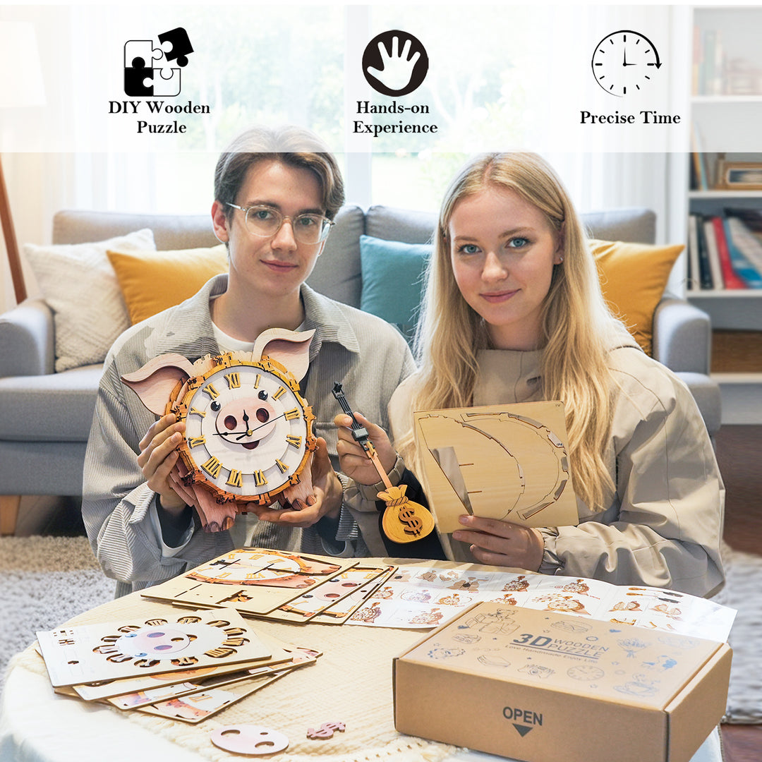 Cute Piggy 3D Wooden Puzzle Clock, Gift  for DIY Lovers, Home Decor