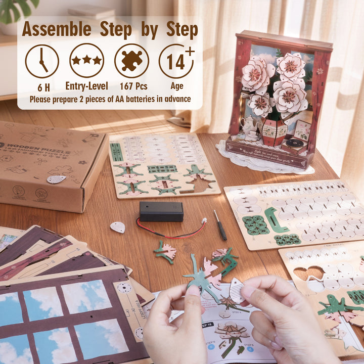 Crimson Whispers 3D Wooden Puzzle Painting, DIY Wall Art Craft Kit with Light