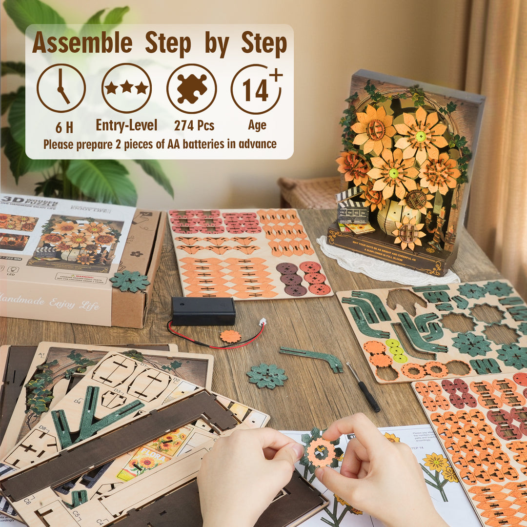 Sunflower 3D Wooden Puzzle Painting, DIY Wall Art Craft Kit with Light