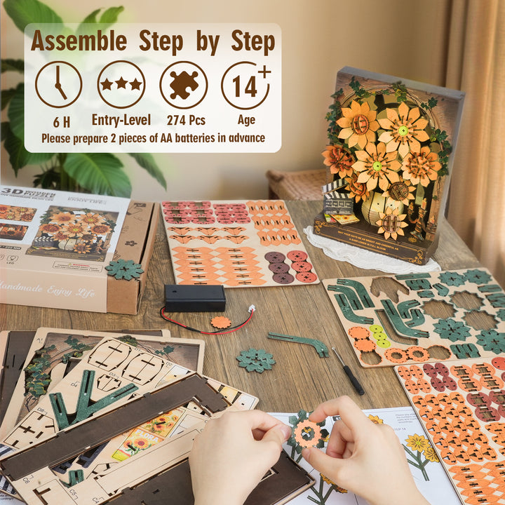 Sunflower 3D Wooden Puzzle Painting, DIY Wall Art Craft Kit with Light