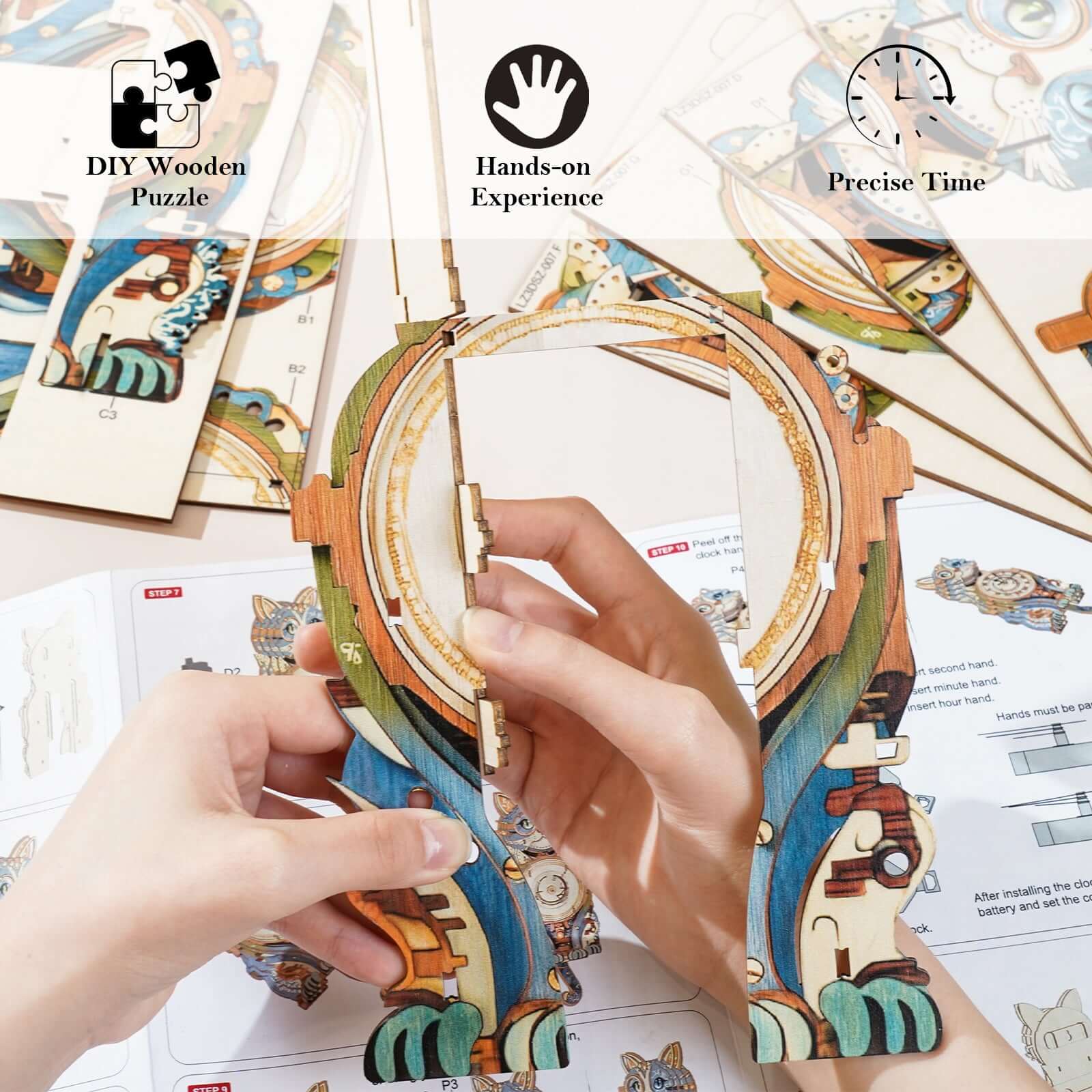 Cute Cat DIY Clock Kit - 3D Wooden Puzzle for Family Bonding