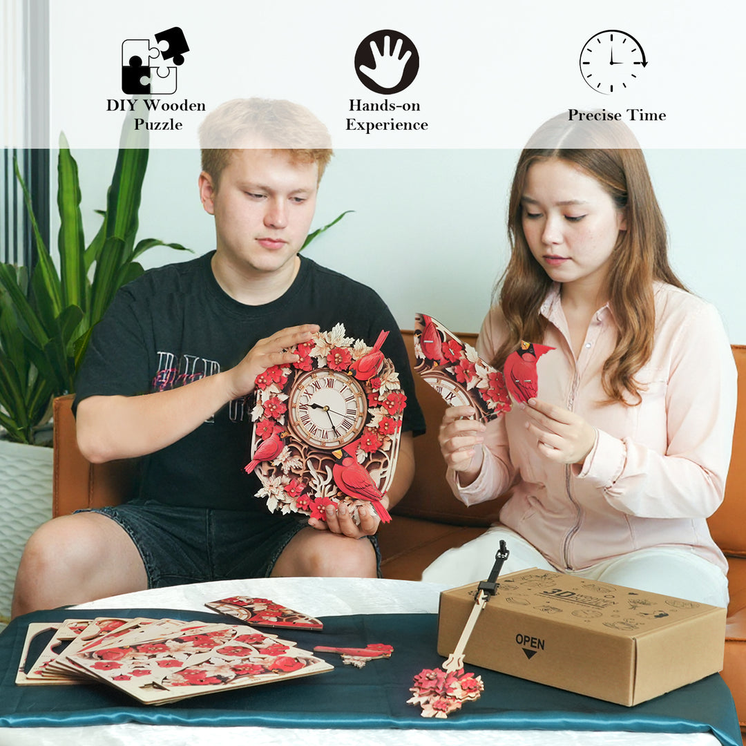 Cardinal Bird DIY Wooden Clock, 3D Puzzle Craft Kit