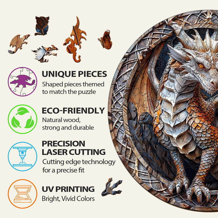 3D Cave Dragon Wooden Jigsaw Puzzle features unique puzzle pieces, eco-friendly materials, precision cutting, and vibrant UV printing.