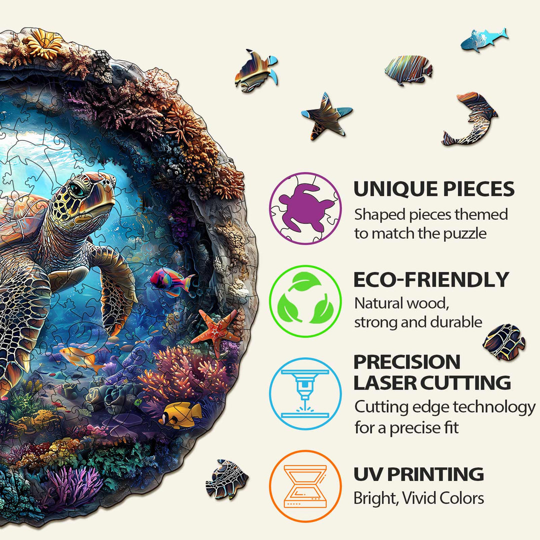 3D Turtle Wooden Jigsaw Puzzle features unique eco-friendly pieces, precision laser cutting, and vibrant UV printing.
