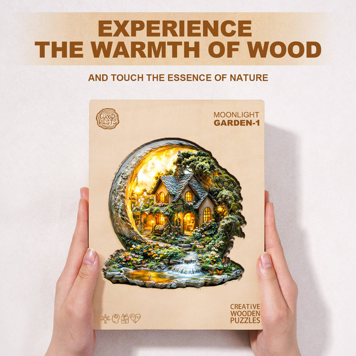 Moonlight Garden-1 wooden jigsaw puzzle showcasing a beautiful cottage scene, perfect for puzzle lovers and nature enthusiasts.