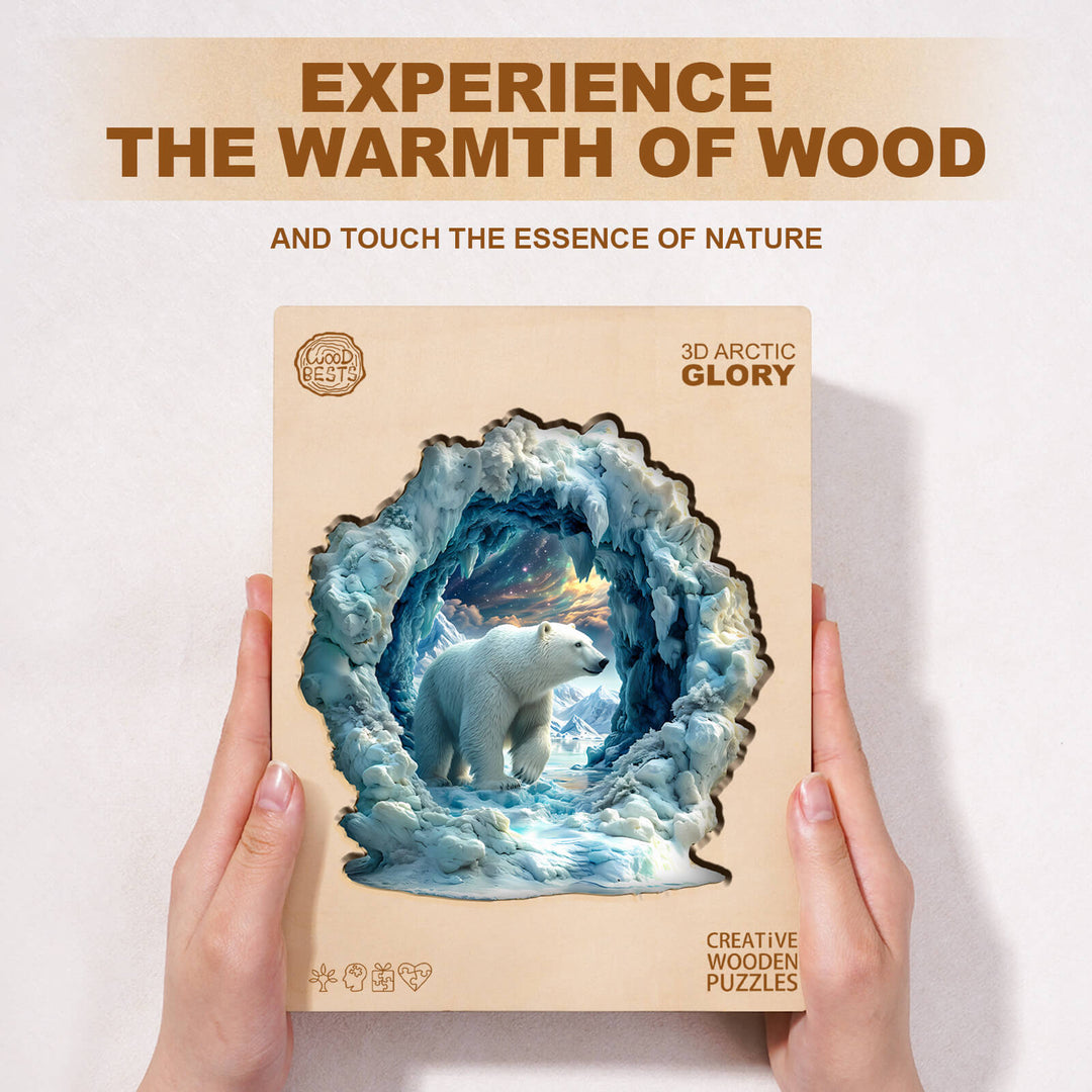 3D Arctic Glory wooden jigsaw puzzle showcasing a polar bear, highlighting its intricate design and nature theme.