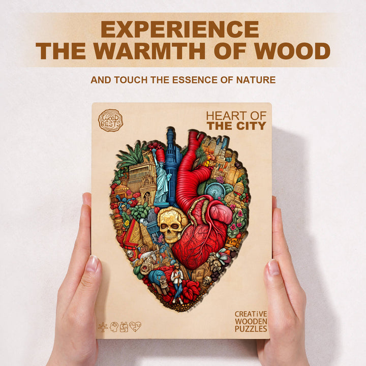 Heart of the City wooden jigsaw puzzle showcasing vibrant design; perfect for enhancing focus and puzzle-solving skills.