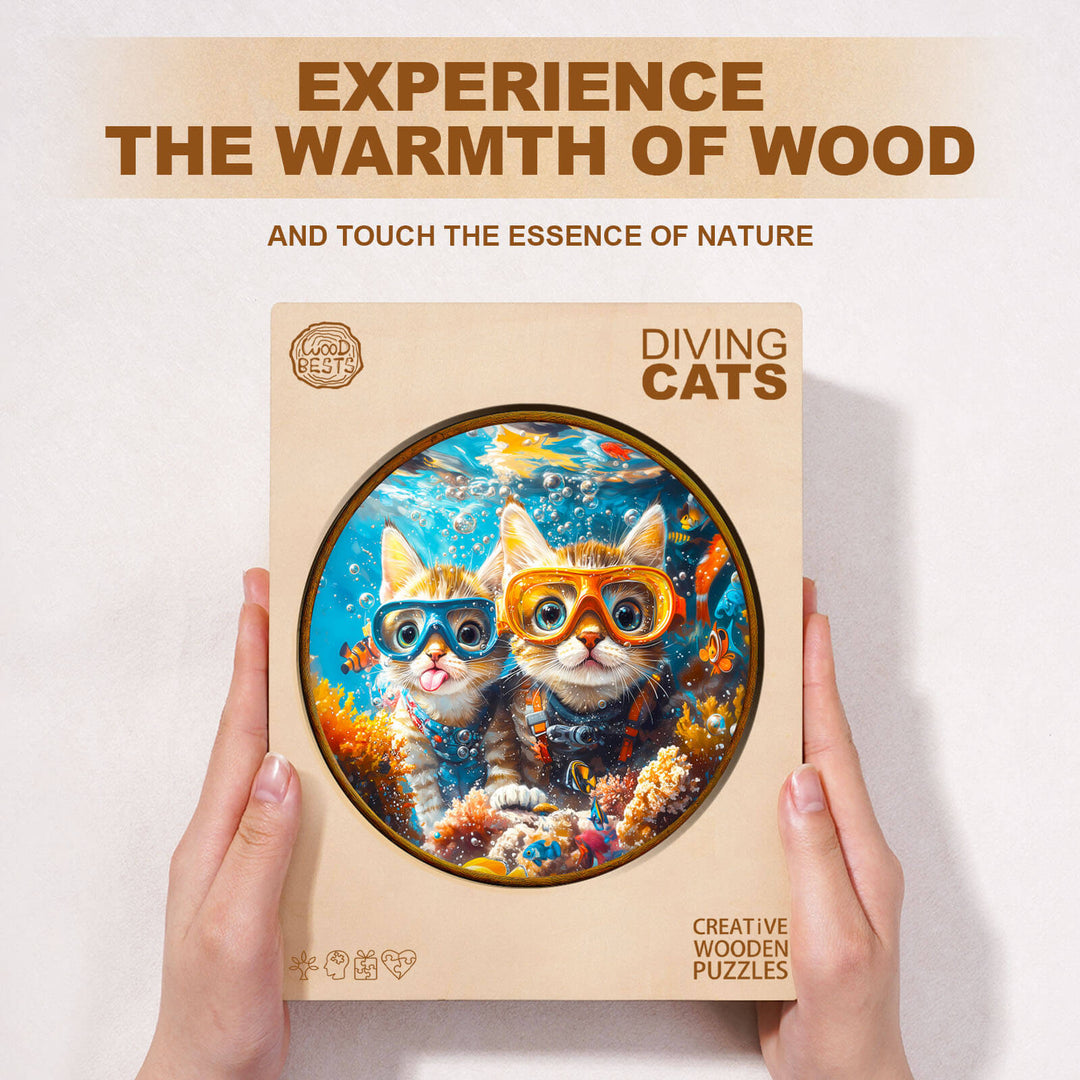 Diving Cats wooden jigsaw puzzle featuring playful cats in snorkel gear, inviting you to explore and enhance focus.