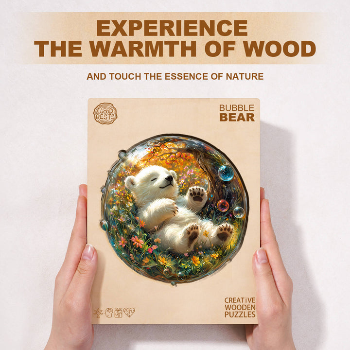 Bubble Bear wooden jigsaw puzzle packaging showcasing a cute bear in a colorful bubble, promoting focus and creativity.