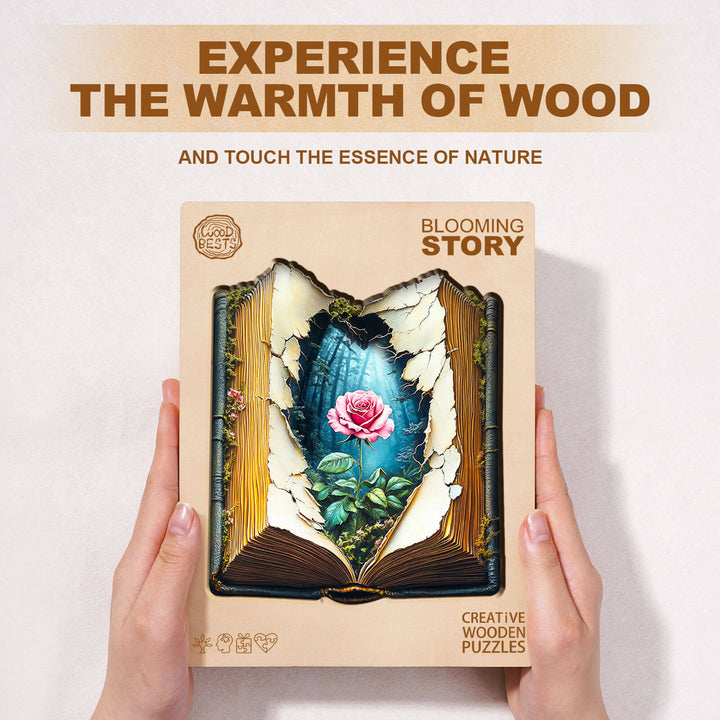 Blooming Story wooden jigsaw puzzle packaging featuring a rose and nature theme, promoting focus and creativity.