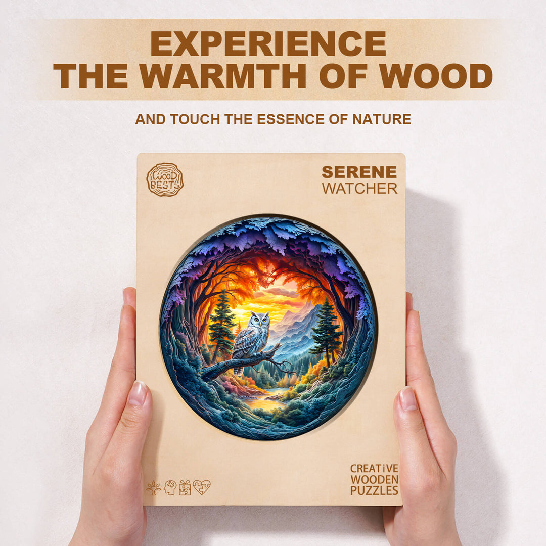 Serene Watcher wooden jigsaw puzzle showcasing an owl in a colorful forest scene, promoting mindfulness and focus.