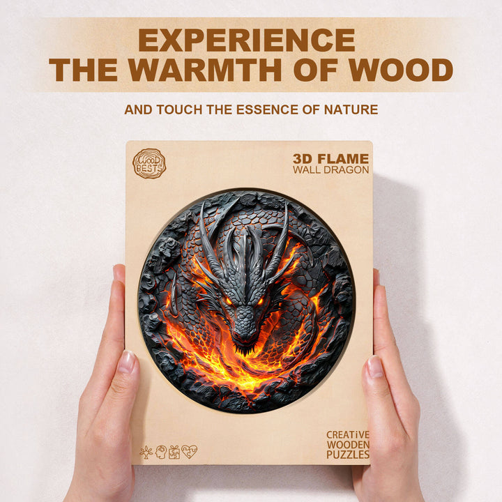 3D flame wall dragon wooden jigsaw puzzle showcasing intricate design and vibrant colors, encouraging focus and cognitive skills.