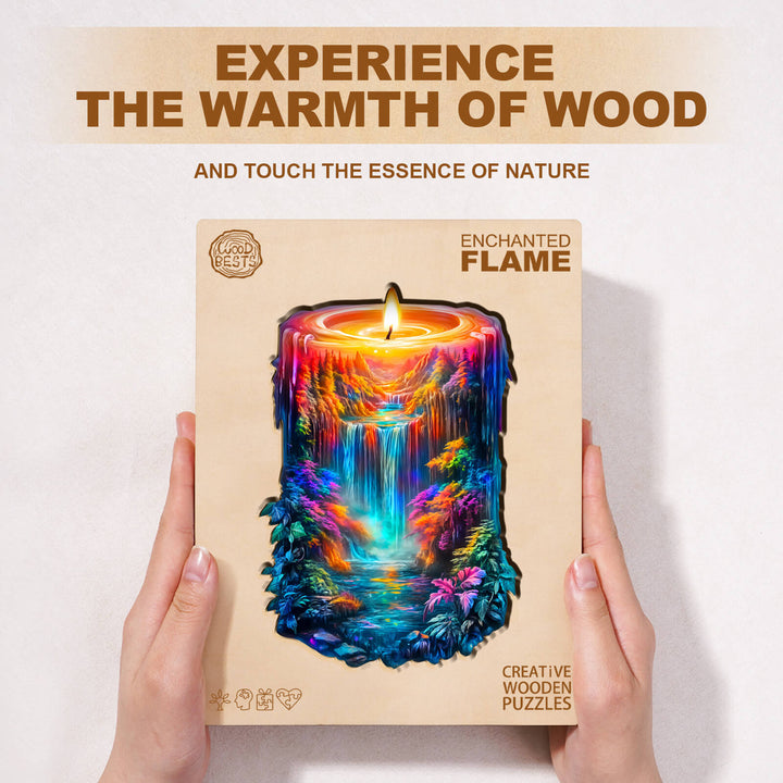 Enchanting wooden jigsaw puzzle featuring a vibrant candle and nature scene, designed for immersive puzzle solving.