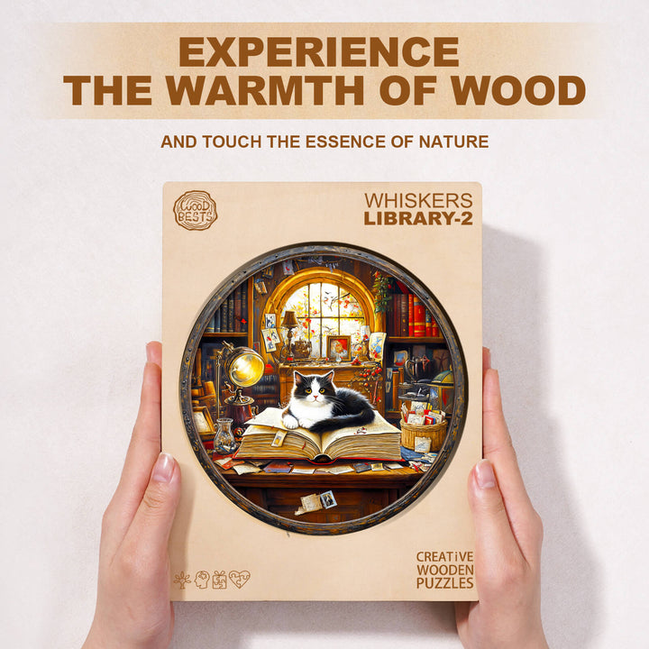 Whiskers Library-2 wooden jigsaw puzzle packaging showcasing a cozy library scene with a cat.
