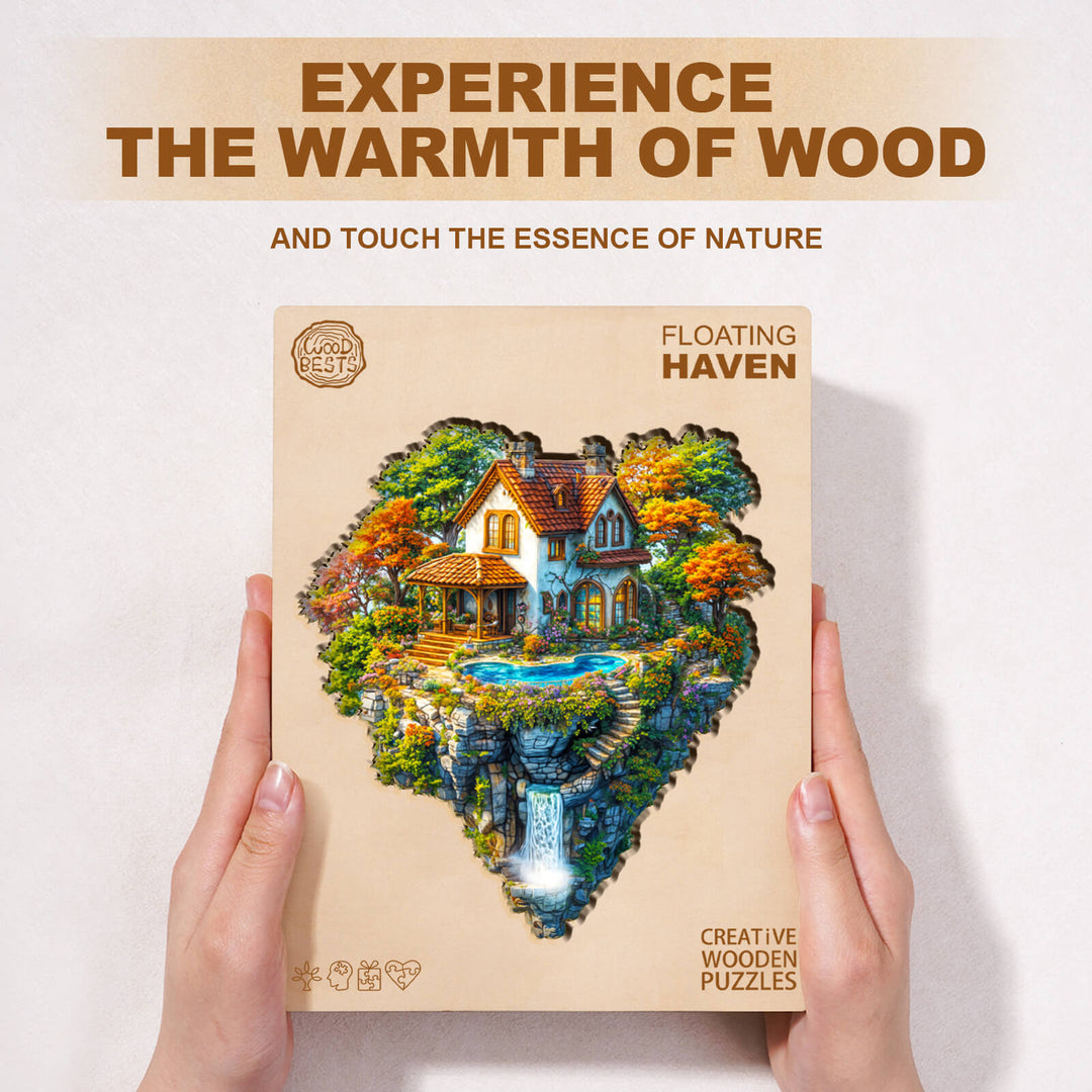 Floating Haven wooden jigsaw puzzle packaging showcasing a tranquil nature scene, perfect for puzzle lovers.