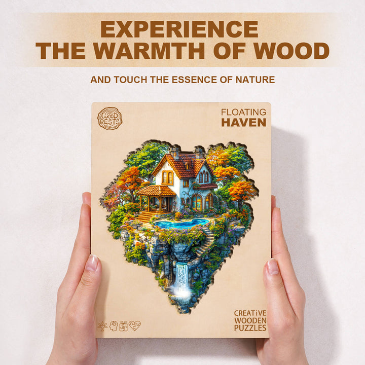 Floating Haven wooden jigsaw puzzle packaging showcasing a tranquil nature scene, perfect for puzzle lovers.