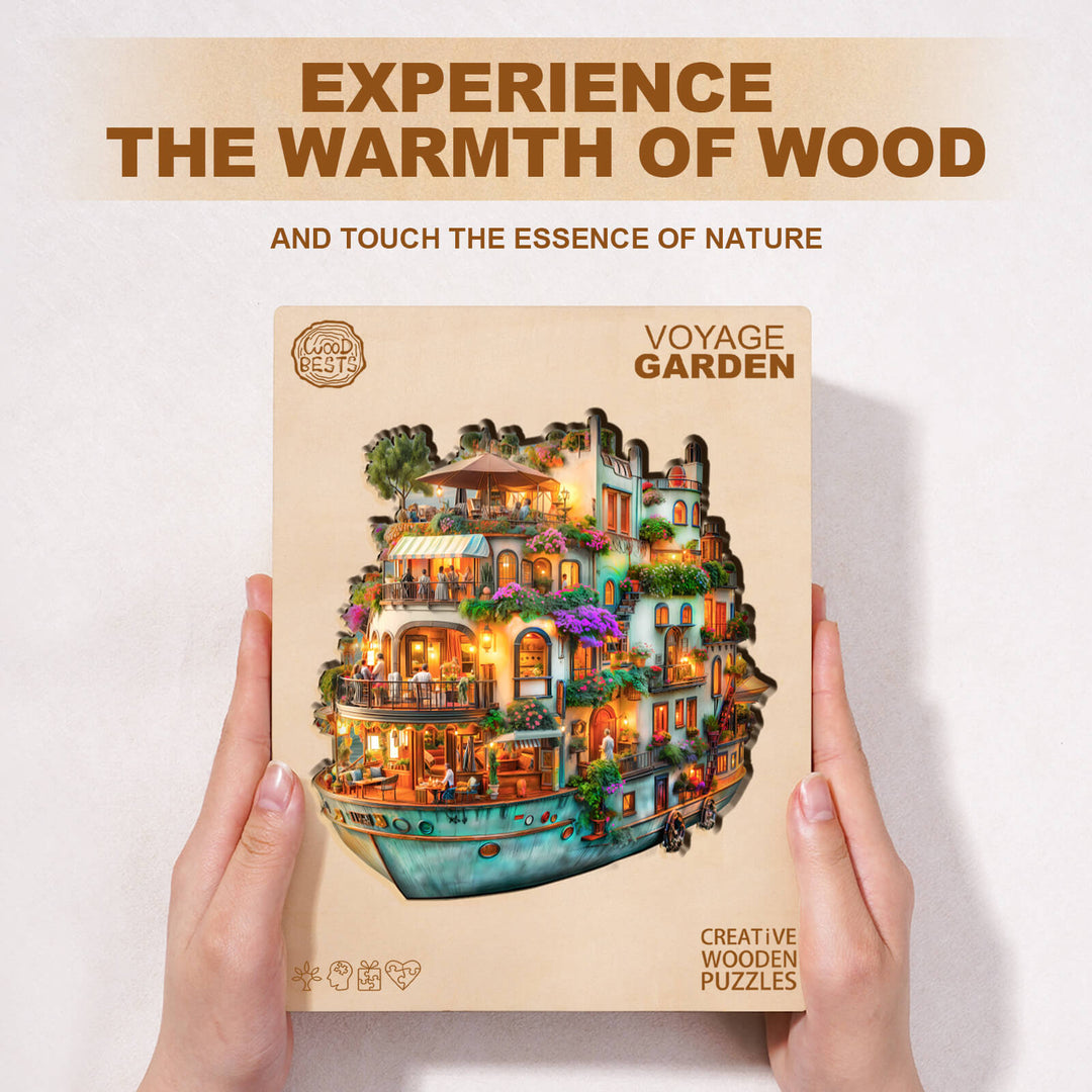 Voyage Garden wooden jigsaw puzzle packaging highlighting nature and creativity in a hands-on game experience.