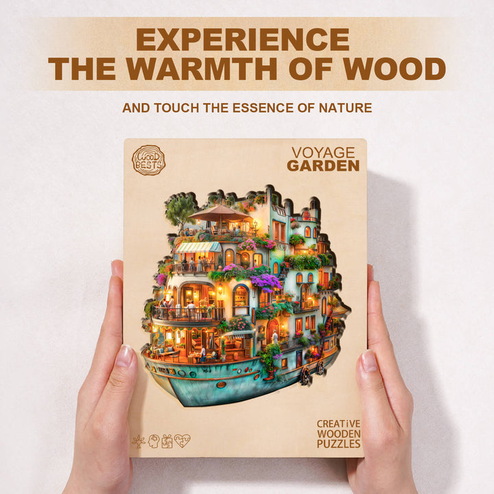 Voyage Garden wooden jigsaw puzzle packaging highlighting nature and creativity in a hands-on game experience.