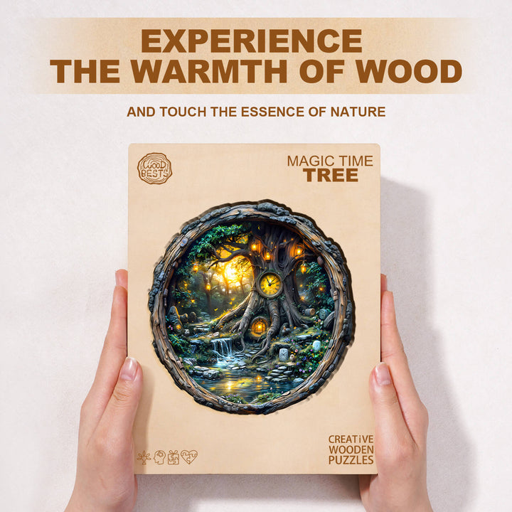 Magic Time Tree wooden jigsaw puzzle box, showcasing a detailed tree design and emphasizing nature's beauty.
