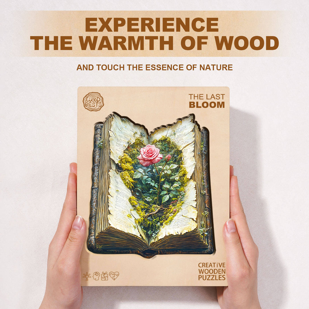 The Last Bloom wooden jigsaw puzzle box featuring a floral design, emphasizing nature and creativity for puzzle lovers.