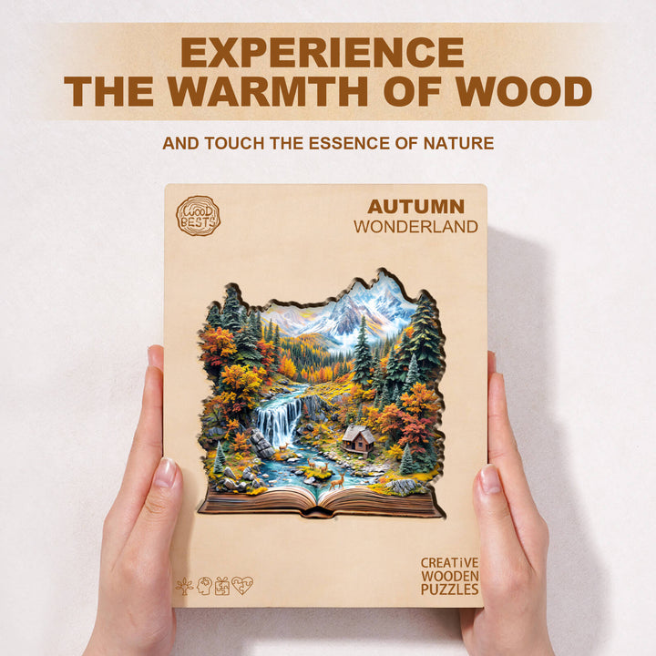 Autumn Wonderland wooden jigsaw puzzle box showcasing a serene nature scene with a waterfall and cabin, highlighting natural warmth.