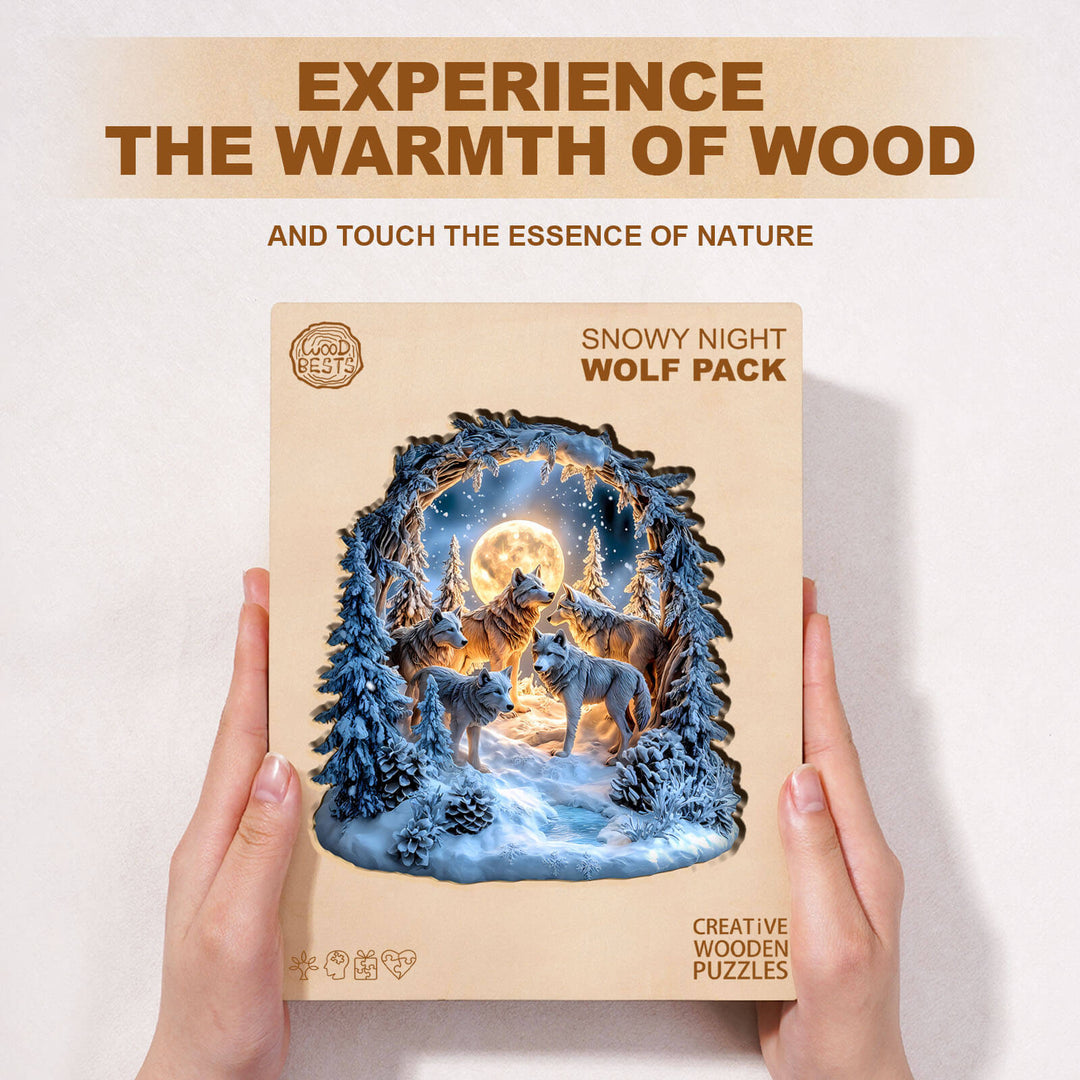 Snowy Night Wolf Pack Wooden Jigsaw Puzzle