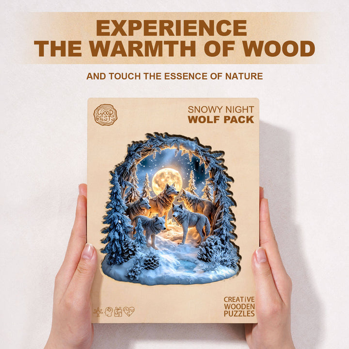 Snowy Night Wolf Pack Wooden Jigsaw Puzzle