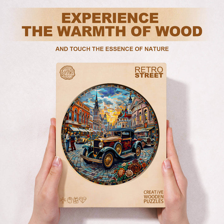 Retro Street Wooden Jigsaw Puzzle featuring a vintage car and a scenic street, perfect for puzzle lovers and brain games.