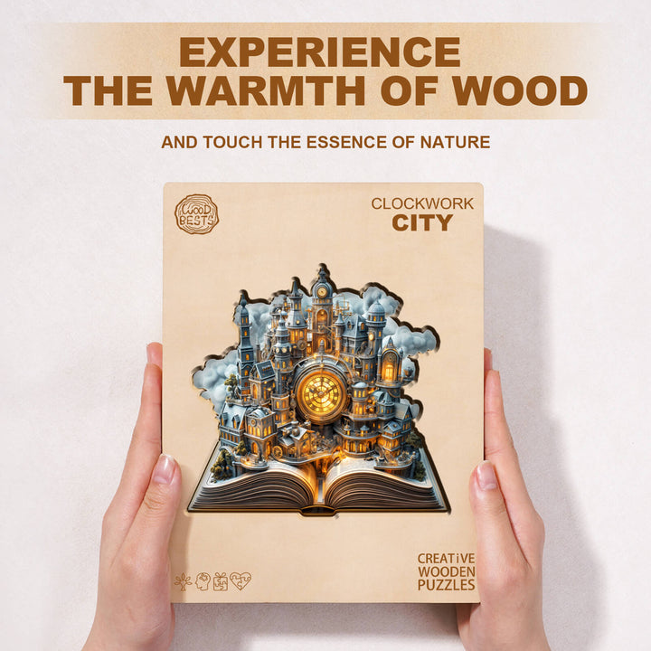 Clockwork City wooden jigsaw puzzle packaging held by hands, showcasing creative design and warmth of wood.