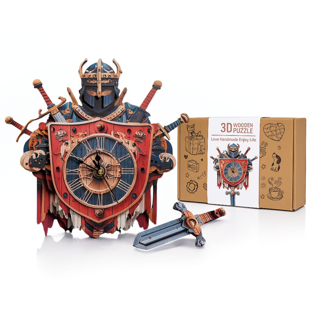 Fearless Knight 3D Wooden Puzzle Clock, Gift  for DIY Lovers, Home Decor