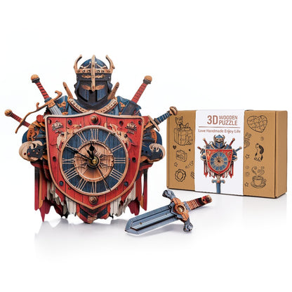 Fearless Knight 3D Wooden Puzzle Clock, Gift  for DIY Lovers, Home Decor