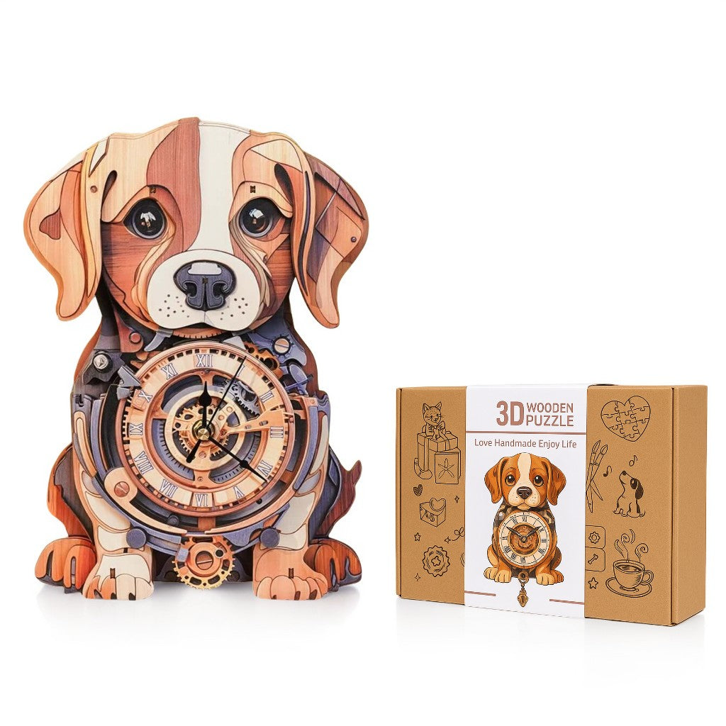 Cute Beagle 3D Wooden Puzzle Clock, Gift  for DIY Lovers, Home Decor