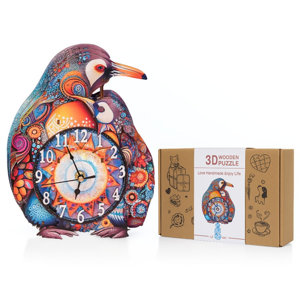 Familia Pingüino – Reloj de Madera DIY, Kit de Manualidades de Rompecabezas 3D