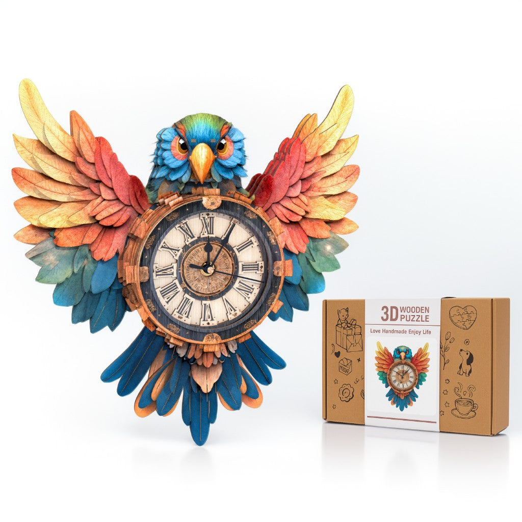 Colorful Parrot DIY Wooden Clock, 3D Puzzle Craft Kit