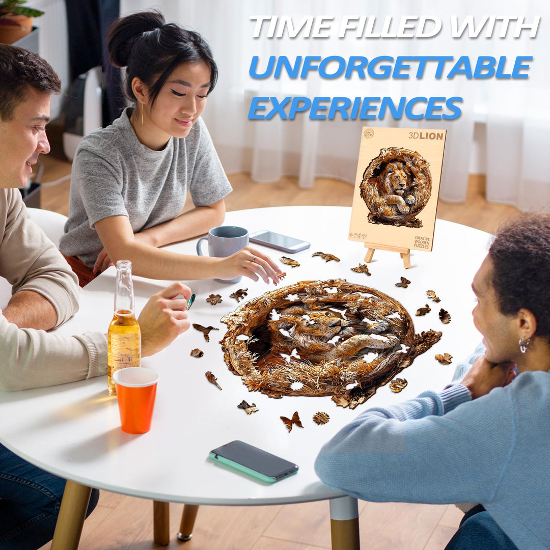 Group of friends enjoying a 3D Lion wooden jigsaw puzzle at a table, promoting fun and focused puzzle-solving.
