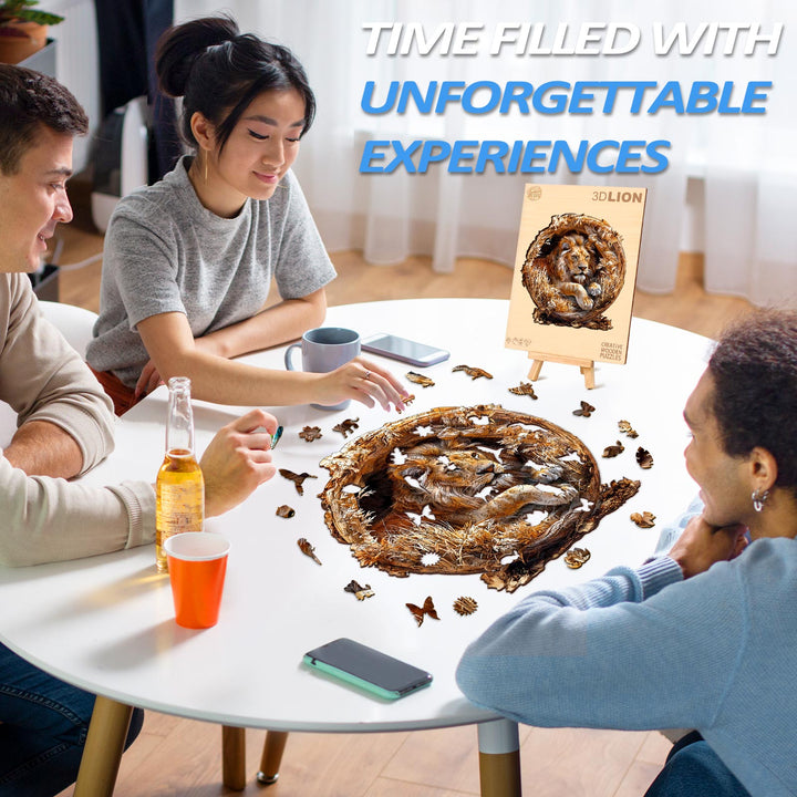Group of friends enjoying a 3D Lion wooden jigsaw puzzle at a table, promoting fun and focused puzzle-solving.