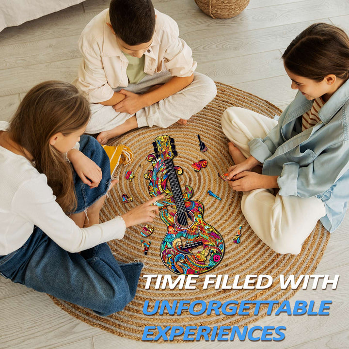 Kids enjoying a Beautiful Guitar-1 Wooden Jigsaw Puzzle on a round rug, creating unforgettable experiences together.
