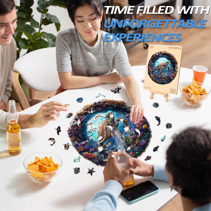 Group enjoying the 3D Turtle Wooden Jigsaw Puzzle, creating unforgettable memories together.