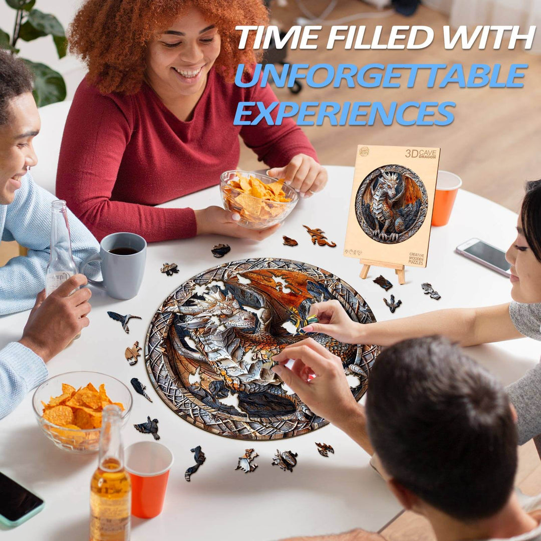 Group of friends enjoying a 3D Cave Dragon wooden jigsaw puzzle, creating unforgettable experiences together.