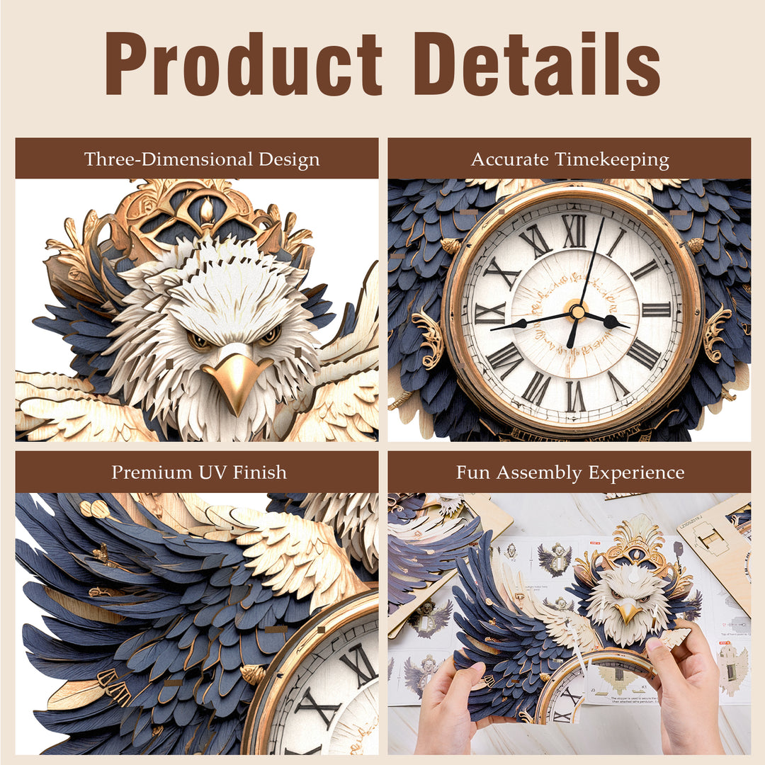 Majestic Eagle DIY Wooden Clock, 3D Puzzle Craft Kit