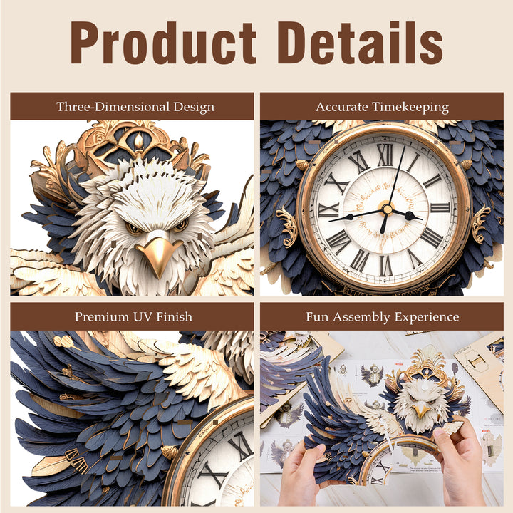 Majestic Eagle DIY Wooden Clock, 3D Puzzle Craft Kit