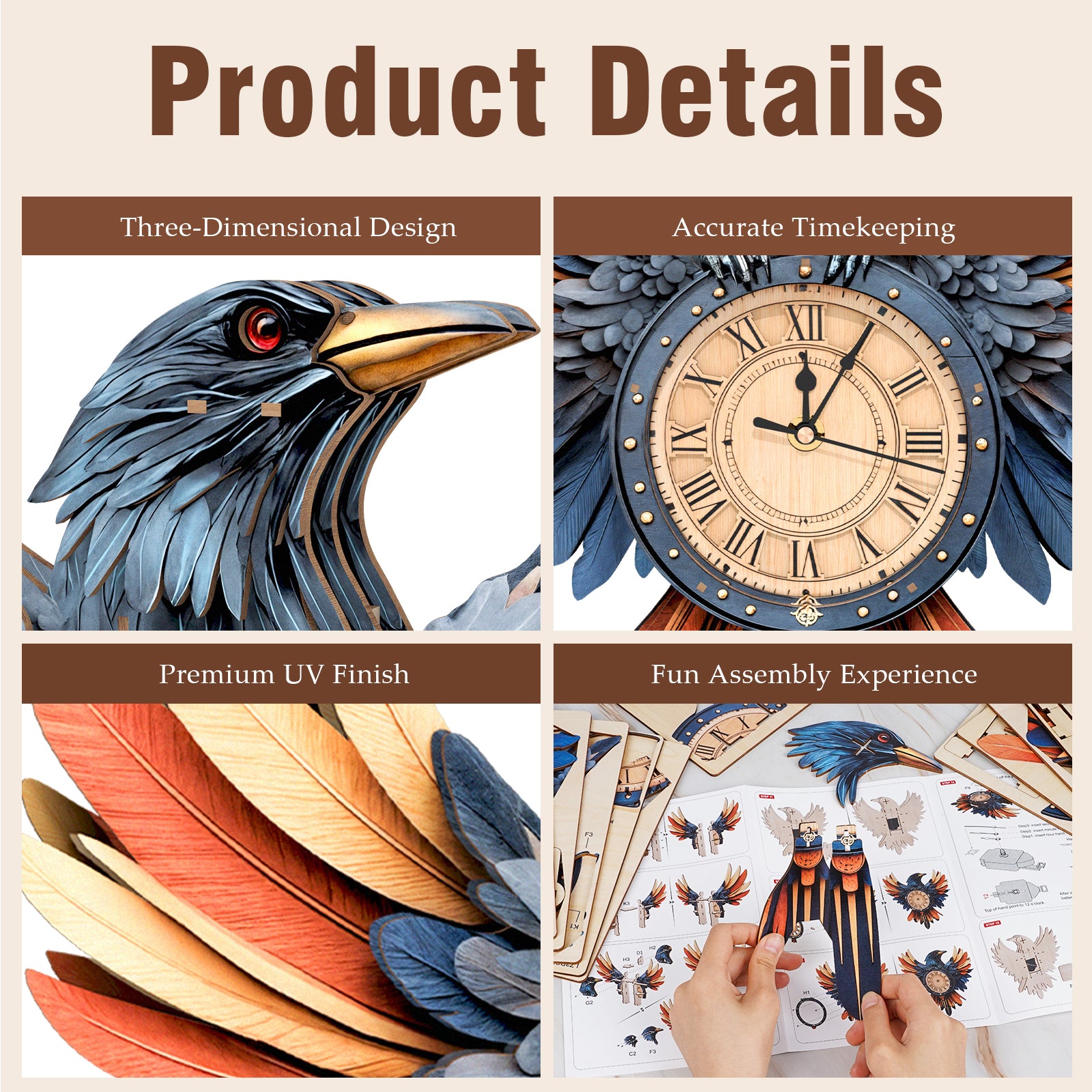 Raven DIY Wooden Clock, 3D Puzzle Craft Kit