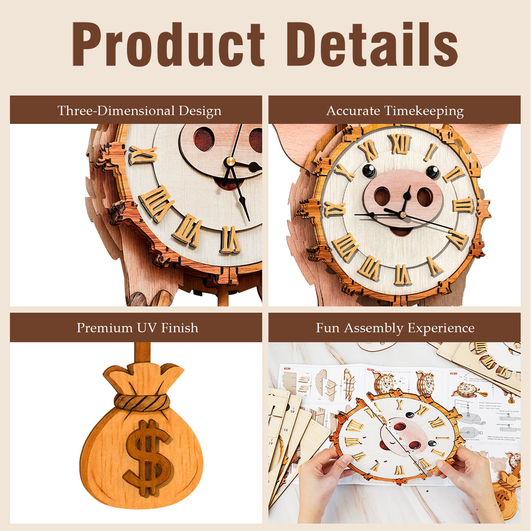Cute Piggy 3D Wooden Puzzle Clock, Gift  for DIY Lovers, Home Decor