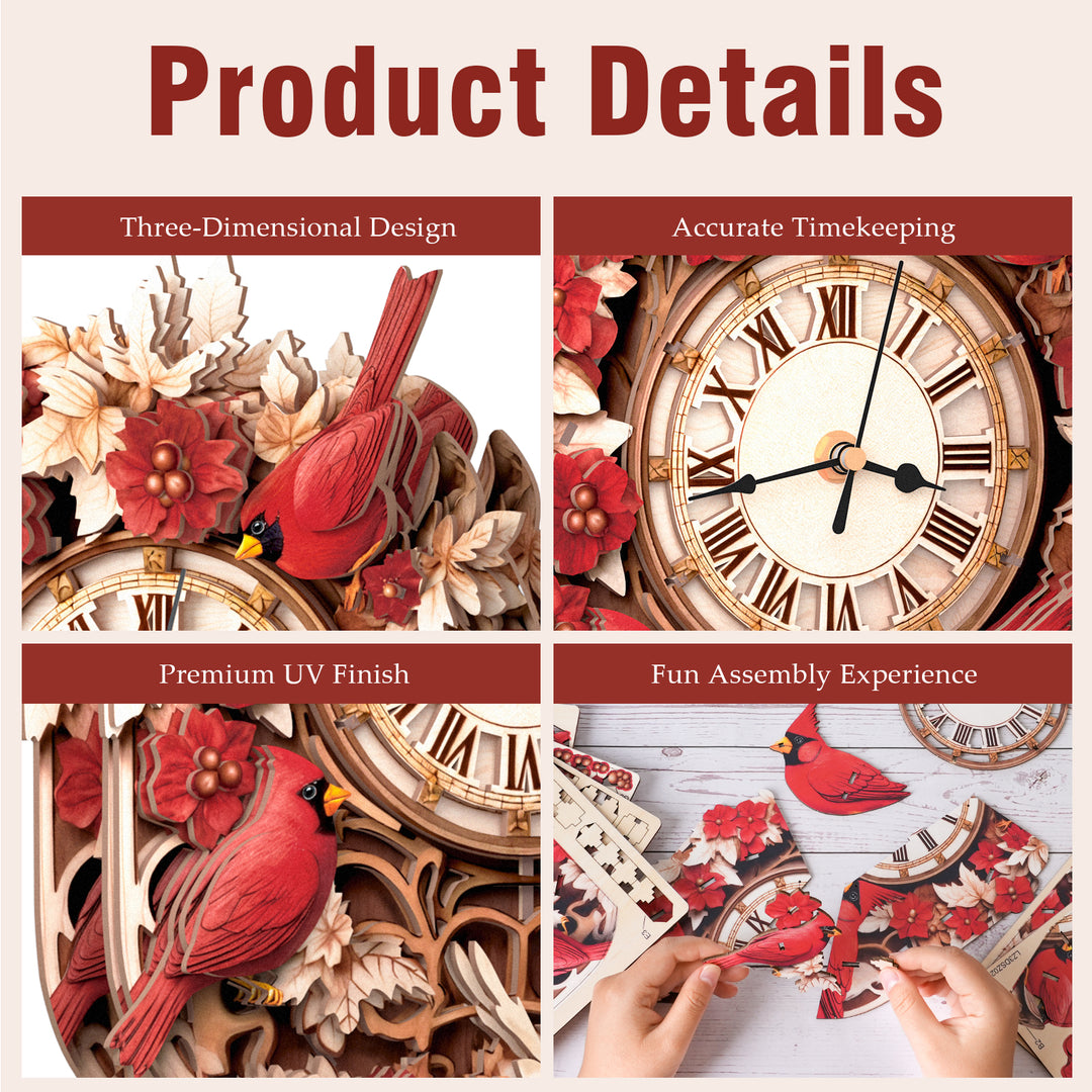 Cardinal Bird DIY Wooden Clock, 3D Puzzle Craft Kit